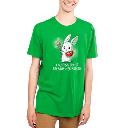 Premium Cotton T-shirt_TeeTurtle I Whisk You a Merry Christmas apple t-shirt featuring a bunny holding a bowl and whisk with a holiday pun beneath it.