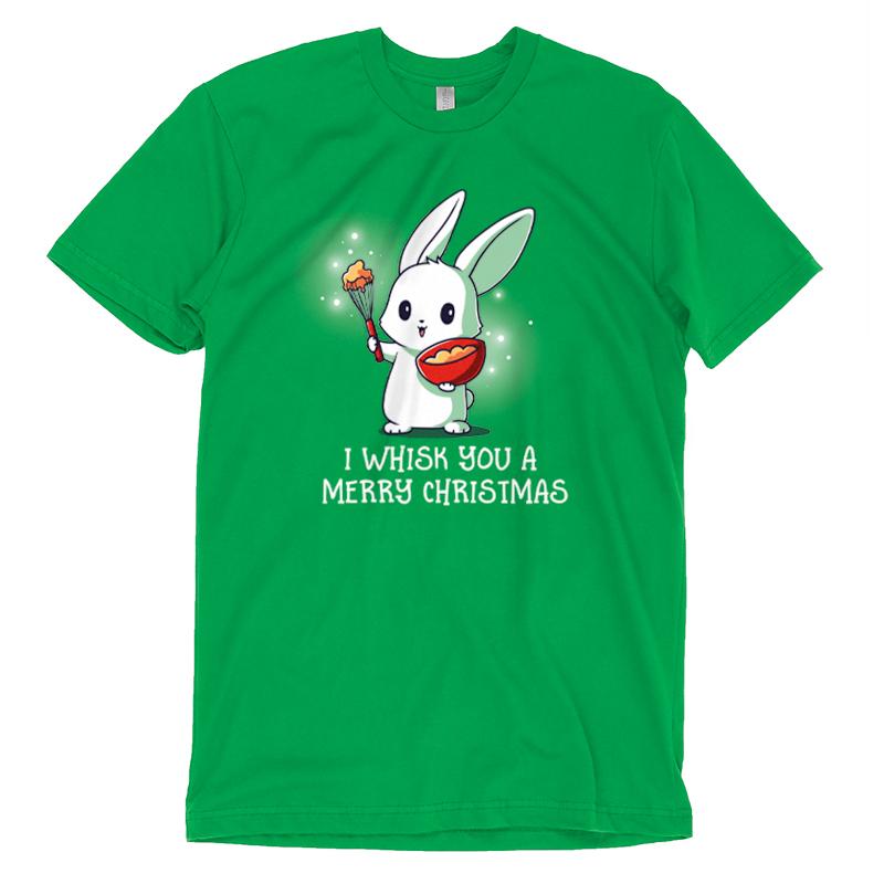 Premium Cotton T-shirt_TeeTurtle I Whisk You a Merry Christmas apple t-shirt featuring a bunny holding a bowl and whisk with a holiday pun beneath it.