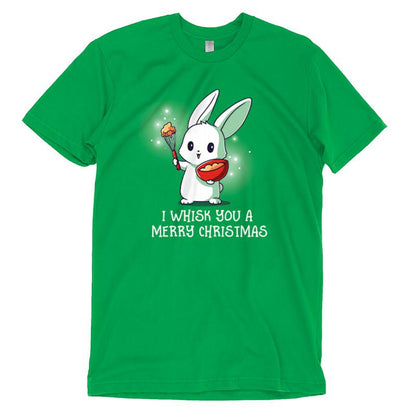 Premium Cotton T-shirt_TeeTurtle I Whisk You a Merry Christmas apple t-shirt featuring a bunny holding a bowl and whisk with a holiday pun beneath it.