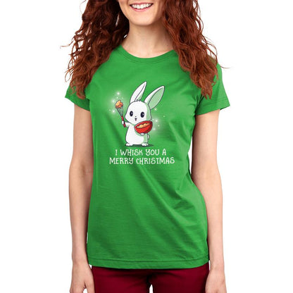 Premium Cotton T-shirt_TeeTurtle I Whisk You a Merry Christmas apple t-shirt featuring a bunny holding a bowl and whisk with a holiday pun beneath it.