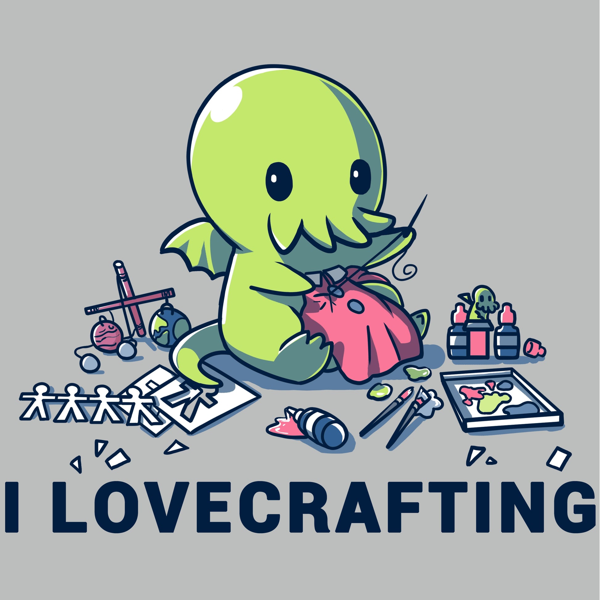 Premium Cotton T-shirt_TeeTurtle silver gray I Lovecrafting. Featuring Cthulhu sewing, and surrounded by crafting materials.