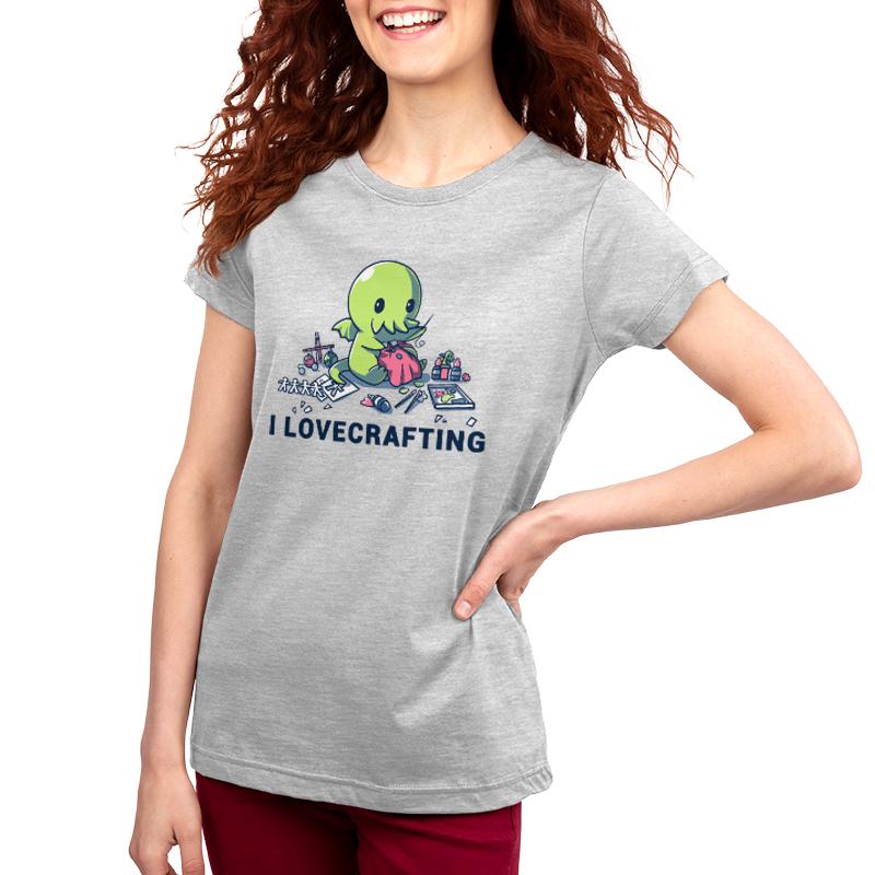 Premium Cotton T-shirt_TeeTurtle silver gray I Lovecrafting. Featuring Cthulhu sewing, and surrounded by crafting materials.