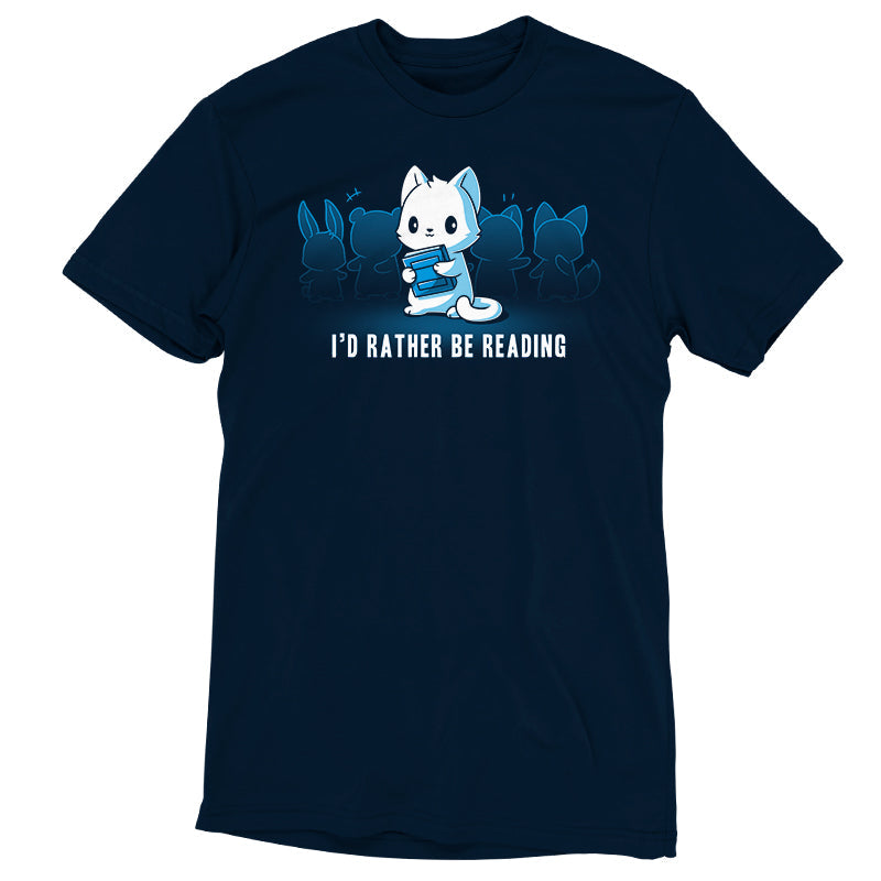 Premium Cotton T-shirt_TeeTurtle I'd Rather be Reading navy blue t-shirt featuring a cat that would rather be reading holding a book