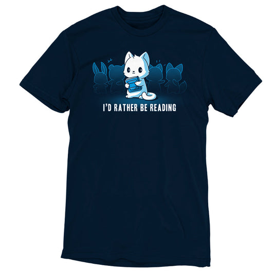 Premium Cotton T-shirt_TeeTurtle I'd Rather be Reading navy blue t-shirt featuring a cat that would rather be reading holding a book