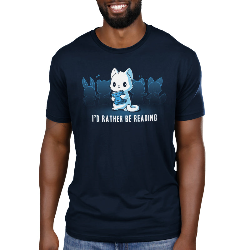 Premium Cotton T-shirt_TeeTurtle I'd Rather be Reading navy blue t-shirt featuring a cat that would rather be reading holding a book