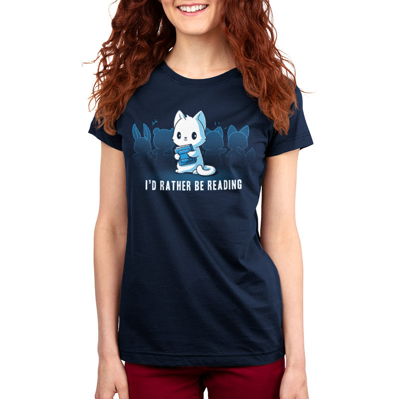 Premium Cotton T-shirt_TeeTurtle I'd Rather be Reading navy blue t-shirt featuring a cat that would rather be reading holding a book