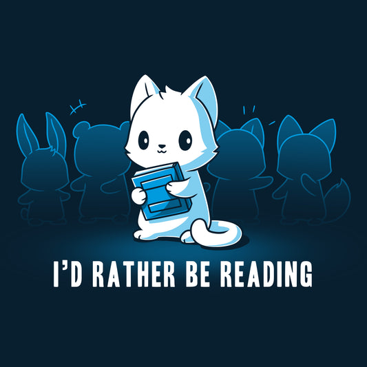 Premium Cotton T-shirt_TeeTurtle I'd Rather be Reading navy blue t-shirt featuring a cat that would rather be reading holding a book