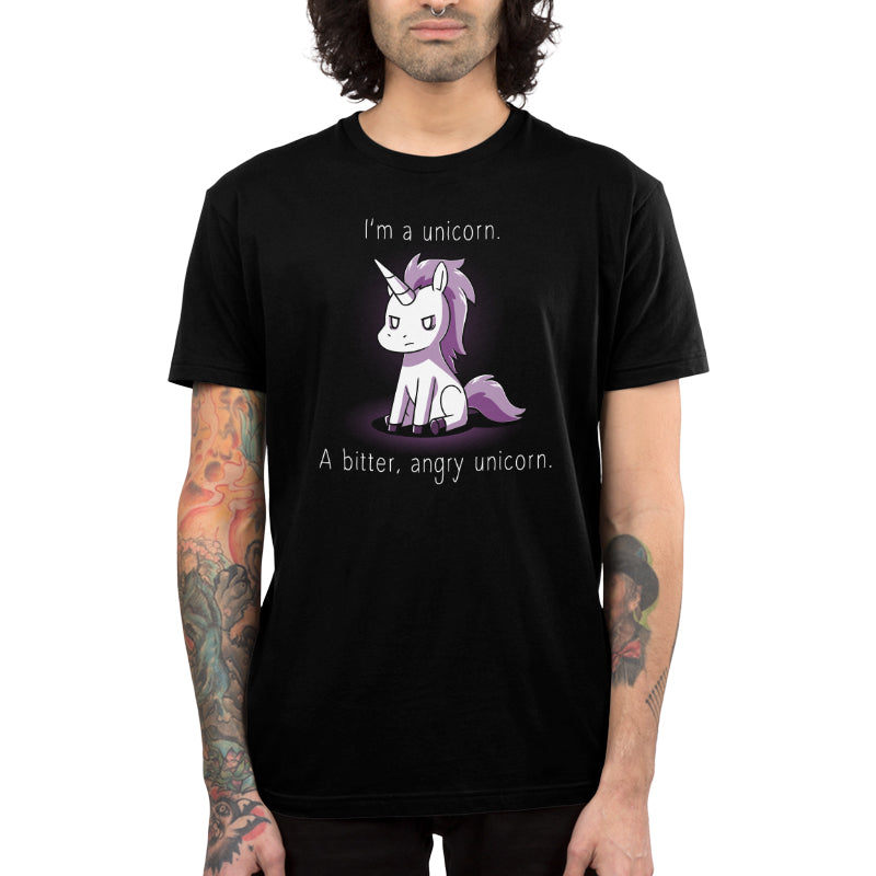 Premium Cotton T-shirt_A cartoon unicorn with a stern expression sits against a dark background on this I'm a Bitter, Angry Unicorn apparel. The text reads, "I'm a unicorn. A bitter, angry unicorn." Available in unisex and women's appareloptions, crafted from black super soft ringspun cotton for ultimate comfort by monsterdigital.