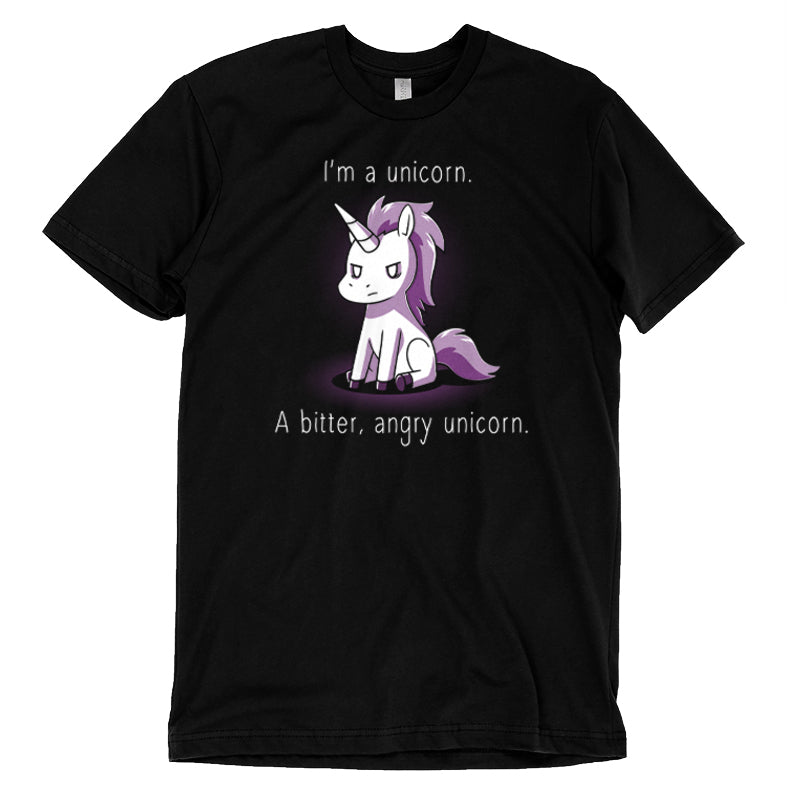 Premium Cotton T-shirt_A cartoon unicorn with a stern expression sits against a dark background on this I'm a Bitter, Angry Unicorn apparel. The text reads, "I'm a unicorn. A bitter, angry unicorn." Available in unisex and women's appareloptions, crafted from black super soft ringspun cotton for ultimate comfort by monsterdigital.