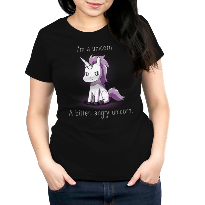 Premium Cotton T-shirt_A cartoon unicorn with a stern expression sits against a dark background on this I'm a Bitter, Angry Unicorn apparel. The text reads, "I'm a unicorn. A bitter, angry unicorn." Available in unisex and women's appareloptions, crafted from black super soft ringspun cotton for ultimate comfort by monsterdigital.