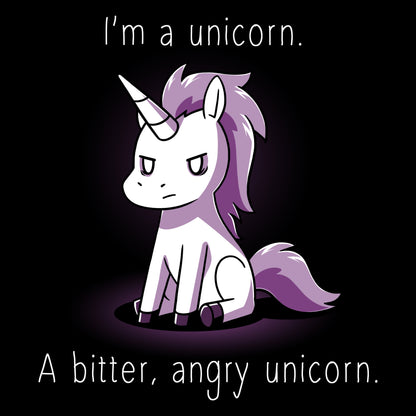 Premium Cotton T-shirt_A cartoon unicorn with a stern expression sits against a dark background on this I'm a Bitter, Angry Unicorn apparel. The text reads, "I'm a unicorn. A bitter, angry unicorn." Available in unisex and women's appareloptions, crafted from black super soft ringspun cotton for ultimate comfort by monsterdigital.