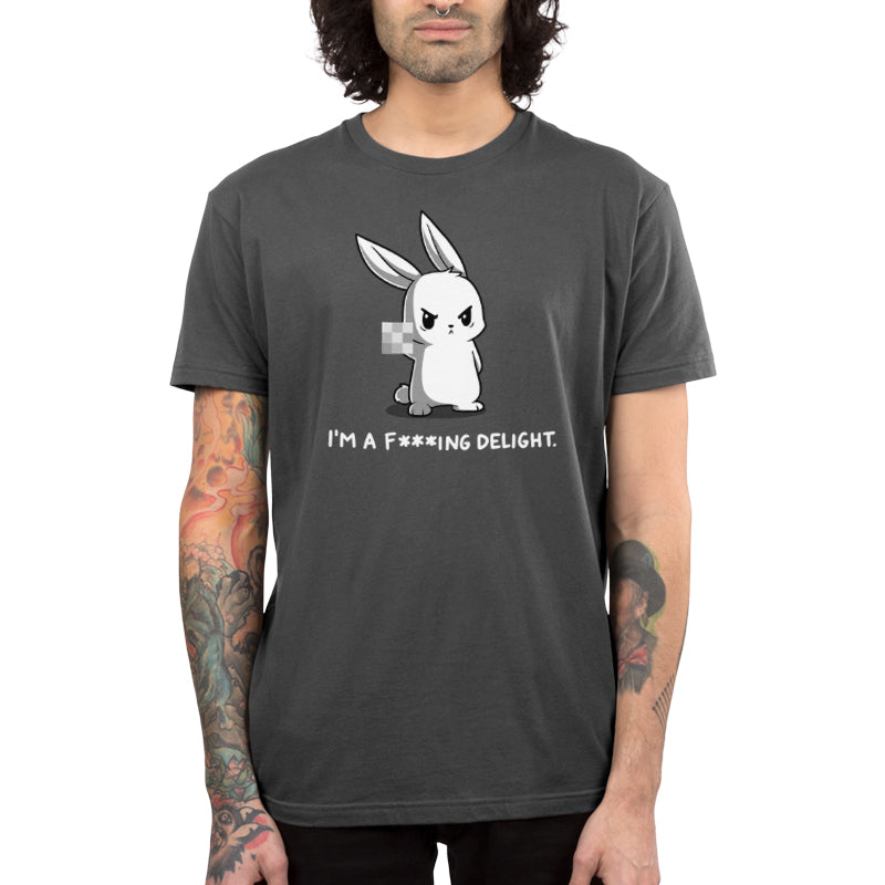 Premium Cotton T-shirt_Illustration of an angry cartoon rabbit holding up a pixelated middle finger with the caption, "I'M A F*ING DELIGHT," on a dark background. Printed on a charcoal gray apparel featuring super soft ringspun cotton, this unisex apparelby monsterdigital combines humor and comfort effortlessly. Product Name: I'm a F***ing Delight