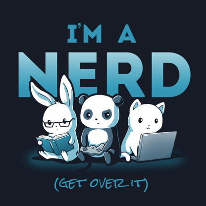 Premium Cotton T-shirt_TeeTurtle navy blue I'm A Nerd. Featuring a bunny, panda, and cat respectively reading, playing a video game, and typing on a laptop.