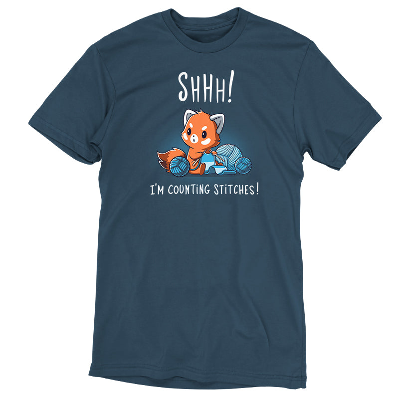 Premium Cotton T-shirt_Teeturtle Shhh! I'm Counting Stitches! denim t-shirt featuring a red panda is knitting with blue yarn. Text above reads, "Shhh! I'm Counting Stitches!" 