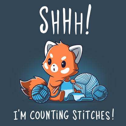 Premium Cotton T-shirt_Teeturtle Shhh! I'm Counting Stitches! denim t-shirt featuring a red panda is knitting with blue yarn. Text above reads, "Shhh! I'm Counting Stitches!" 