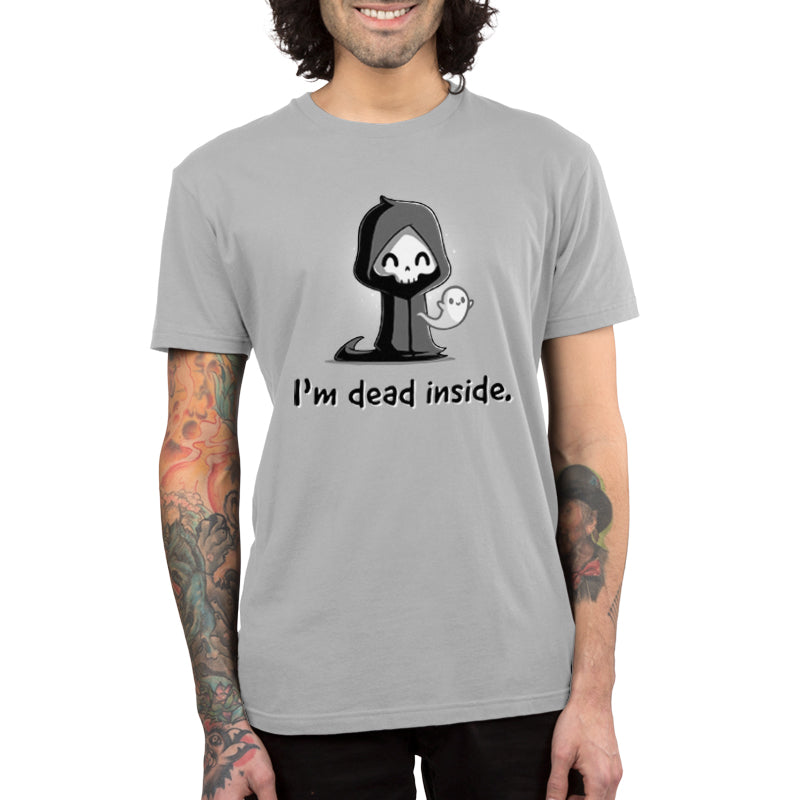 Premium Cotton T-shirt_A cartoon grim reaper, smiling, with a ghost on its right, graces the front of this super soft cotton monsterdigital "I'm Dead Inside" apparel.