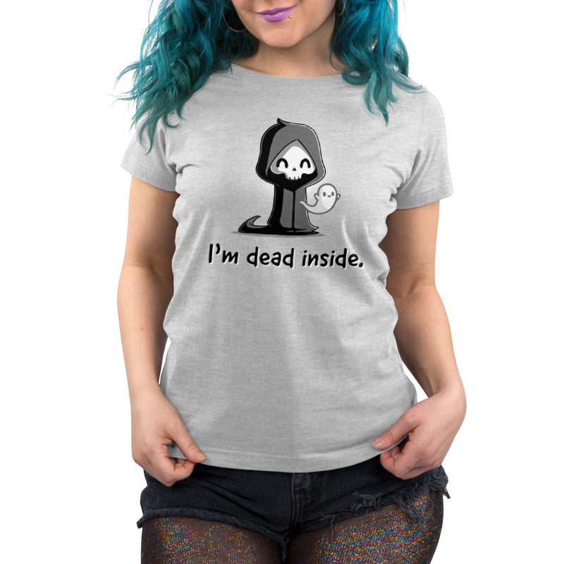 Premium Cotton T-shirt_A cartoon grim reaper, smiling, with a ghost on its right, graces the front of this super soft cotton monsterdigital "I'm Dead Inside" apparel.