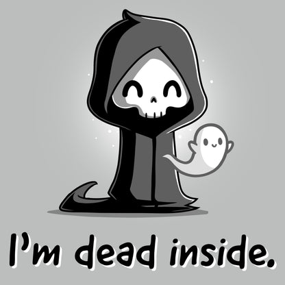 Premium Cotton T-shirt_A cartoon grim reaper, smiling, with a ghost on its right, graces the front of this super soft cotton monsterdigital "I'm Dead Inside" apparel.