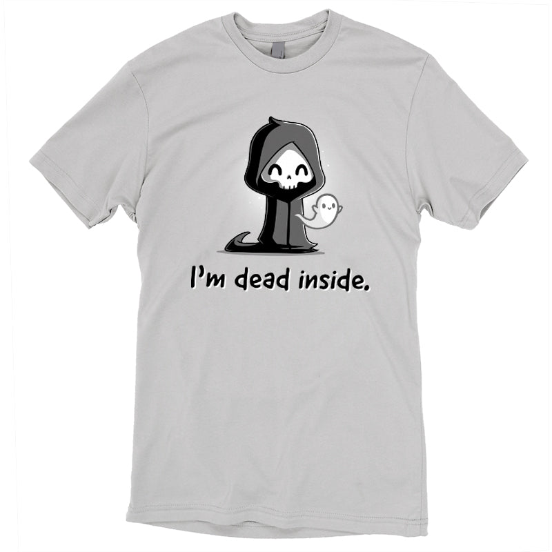 Premium Cotton T-shirt_A cartoon grim reaper, smiling, with a ghost on its right, graces the front of this super soft cotton monsterdigital "I'm Dead Inside" apparel.