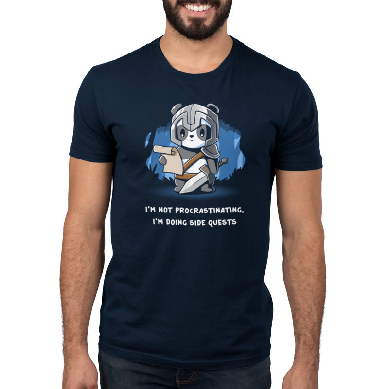 Premium Cotton T-shirt_TeeTurtle navy blue I'm Doing Side Quests. Featuring a warrior panda holding a scroll saying, "I'm not procrastinating, I'm doing side quests.".