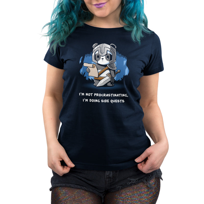 Premium Cotton T-shirt_TeeTurtle navy blue I'm Doing Side Quests. Featuring a warrior panda holding a scroll saying, "I'm not procrastinating, I'm doing side quests.".