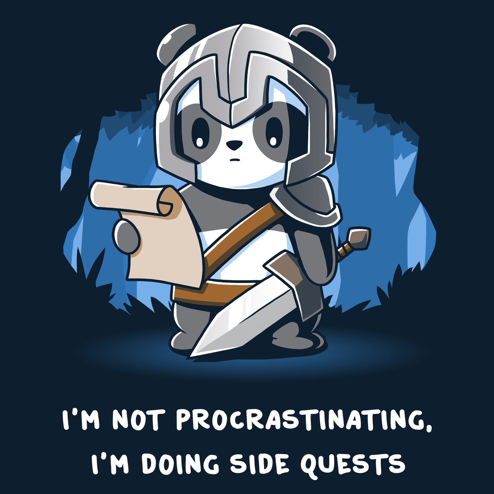 Premium Cotton T-shirt_TeeTurtle navy blue I'm Doing Side Quests. Featuring a warrior panda holding a scroll saying, "I'm not procrastinating, I'm doing side quests.".