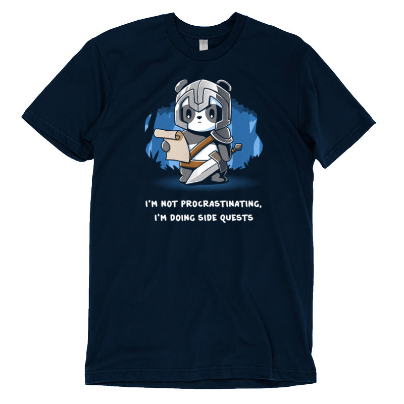 Premium Cotton T-shirt_TeeTurtle navy blue I'm Doing Side Quests. Featuring a warrior panda holding a scroll saying, "I'm not procrastinating, I'm doing side quests.".