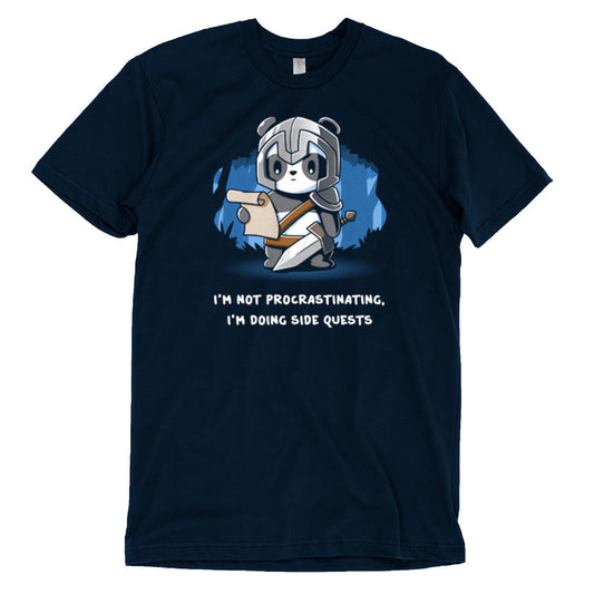 Premium Cotton T-shirt_TeeTurtle navy blue I'm Doing Side Quests. Featuring a warrior panda holding a scroll saying, 