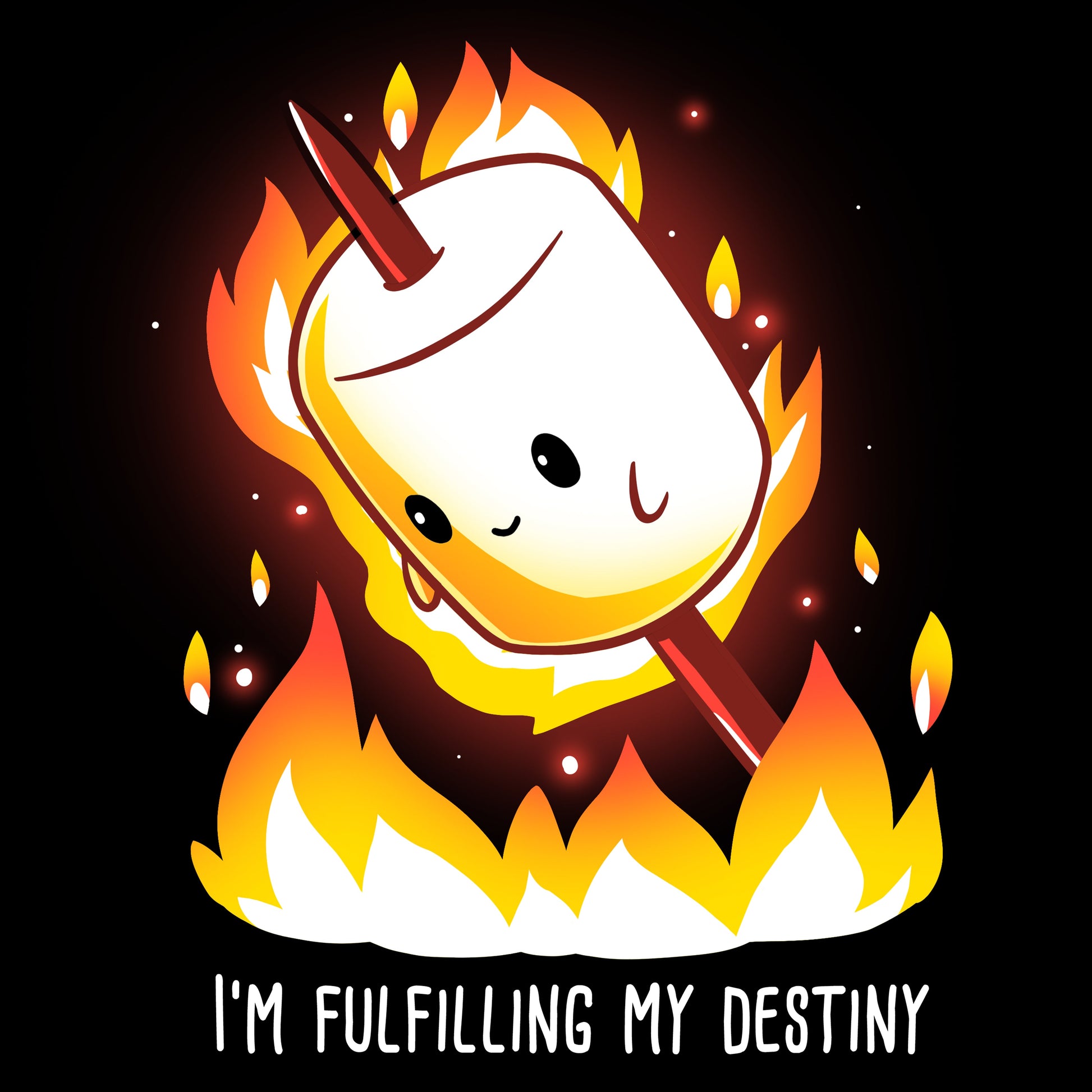 Premium Cotton T-shirt_TeeTurtle I'm Fulfilling My Destiny black t-shirt featuring a cheerful marshmallow on a stick is surrounded by flames with the caption "I'm Fulfilling My Destiny" below in this food design. 