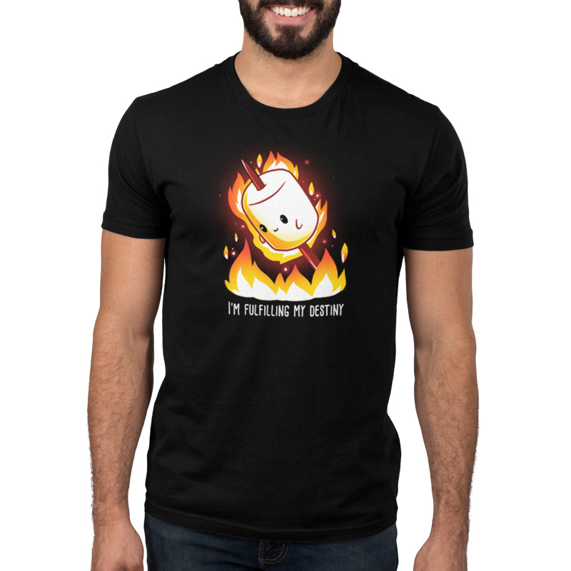 Premium Cotton T-shirt_TeeTurtle I'm Fulfilling My Destiny black t-shirt featuring a cheerful marshmallow on a stick is surrounded by flames with the caption "I'm Fulfilling My Destiny" below in this food design. 