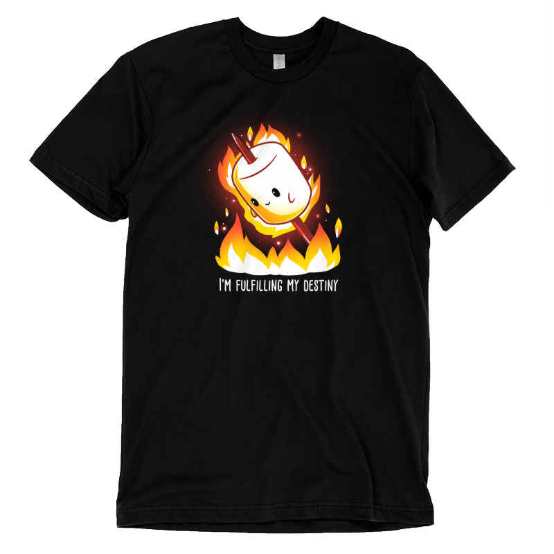 Premium Cotton T-shirt_TeeTurtle I'm Fulfilling My Destiny black t-shirt featuring a cheerful marshmallow on a stick is surrounded by flames with the caption "I'm Fulfilling My Destiny" below in this food design. 