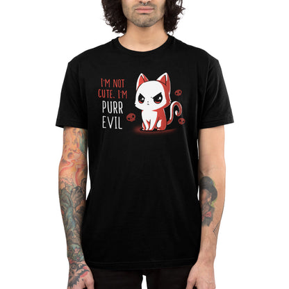 Premium Cotton T-shirt_Illustration of a frowning red and white cat with the text "I'm not cute, I'm purr evil" against a black background, accompanied by small skull icons. Available on a super soft ringspun cotton black unisex tee, this "I'm Not Cute, I'm Purr Evil" apparel from monsterdigital is perfect for those who embrace their darker side.