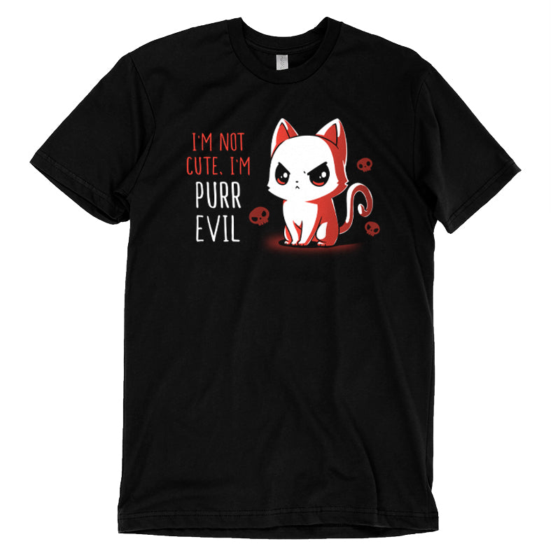 Premium Cotton T-shirt_Illustration of a frowning red and white cat with the text "I'm not cute, I'm purr evil" against a black background, accompanied by small skull icons. Available on a super soft ringspun cotton black unisex tee, this "I'm Not Cute, I'm Purr Evil" apparel from monsterdigital is perfect for those who embrace their darker side.