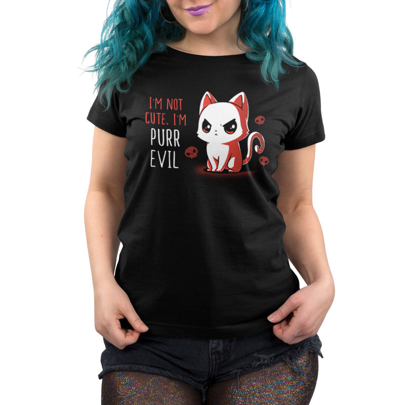 Premium Cotton T-shirt_Illustration of a frowning red and white cat with the text "I'm not cute, I'm purr evil" against a black background, accompanied by small skull icons. Available on a super soft ringspun cotton black unisex tee, this "I'm Not Cute, I'm Purr Evil" apparel from monsterdigital is perfect for those who embrace their darker side.