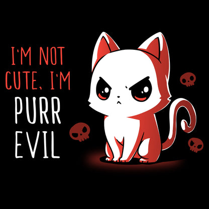 Premium Cotton T-shirt_Illustration of a frowning red and white cat with the text "I'm not cute, I'm purr evil" against a black background, accompanied by small skull icons. Available on a super soft ringspun cotton black unisex tee, this "I'm Not Cute, I'm Purr Evil" apparel from monsterdigital is perfect for those who embrace their darker side.