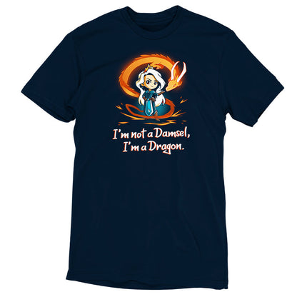 Premium Cotton T-shirt_TeeTurtle I'm Not a Damsel, I'm a Dragon navy blue t-shirt featuring a confident female fantasy character in a crown with an orange dragon behind and the text "I'm not a Damsel, I'm a Dragon."