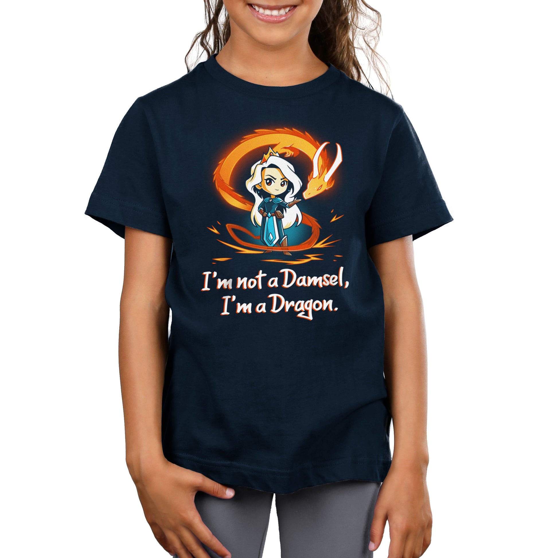 Premium Cotton T-shirt_TeeTurtle I'm Not a Damsel, I'm a Dragon navy blue t-shirt featuring a confident female fantasy character in a crown with an orange dragon behind and the text "I'm not a Damsel, I'm a Dragon."