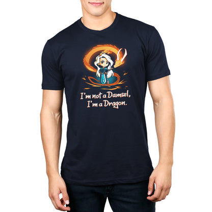 Premium Cotton T-shirt_TeeTurtle I'm Not a Damsel, I'm a Dragon navy blue t-shirt featuring a confident female fantasy character in a crown with an orange dragon behind and the text "I'm not a Damsel, I'm a Dragon."