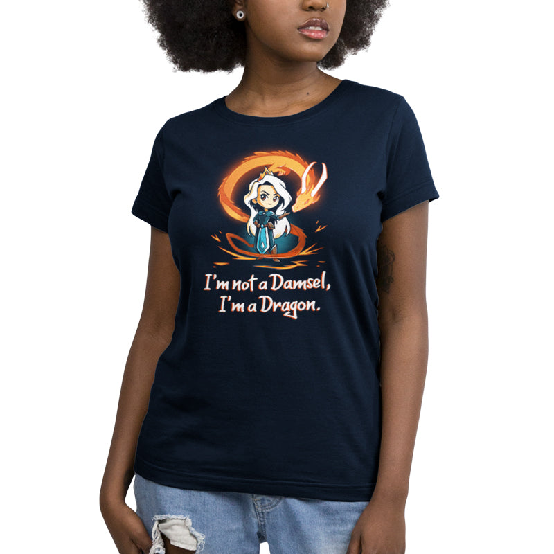 Premium Cotton T-shirt_TeeTurtle I'm Not a Damsel, I'm a Dragon navy blue t-shirt featuring a confident female fantasy character in a crown with an orange dragon behind and the text "I'm not a Damsel, I'm a Dragon."