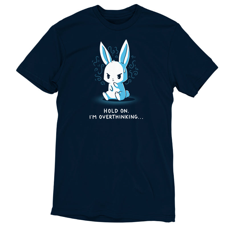 Premium Cotton T-shirt_TeeTurtle I'm Overthinking navy blue t-shirt featuring an anxious bunny thinking too much