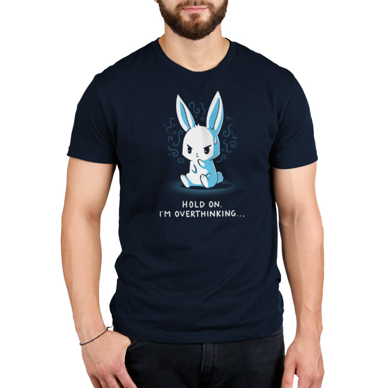 Premium Cotton T-shirt_TeeTurtle I'm Overthinking navy blue t-shirt featuring an anxious bunny thinking too much