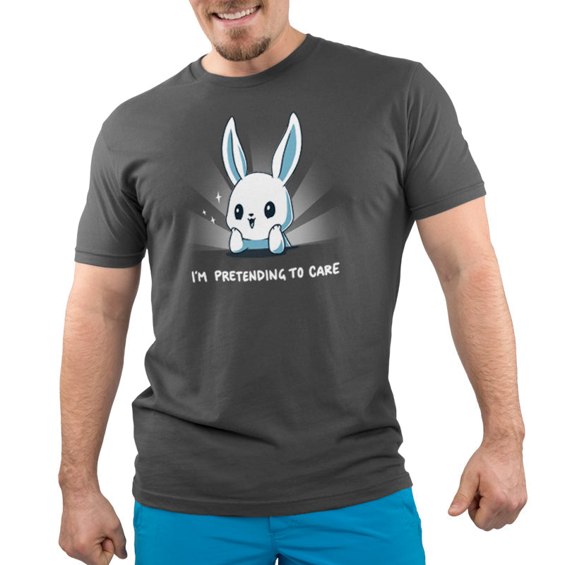 Premium Cotton T-shirt_TeeTurtle I'm Pretending to Care charcoal gray t-shirt featuring a sarcastic bunny pretending to care