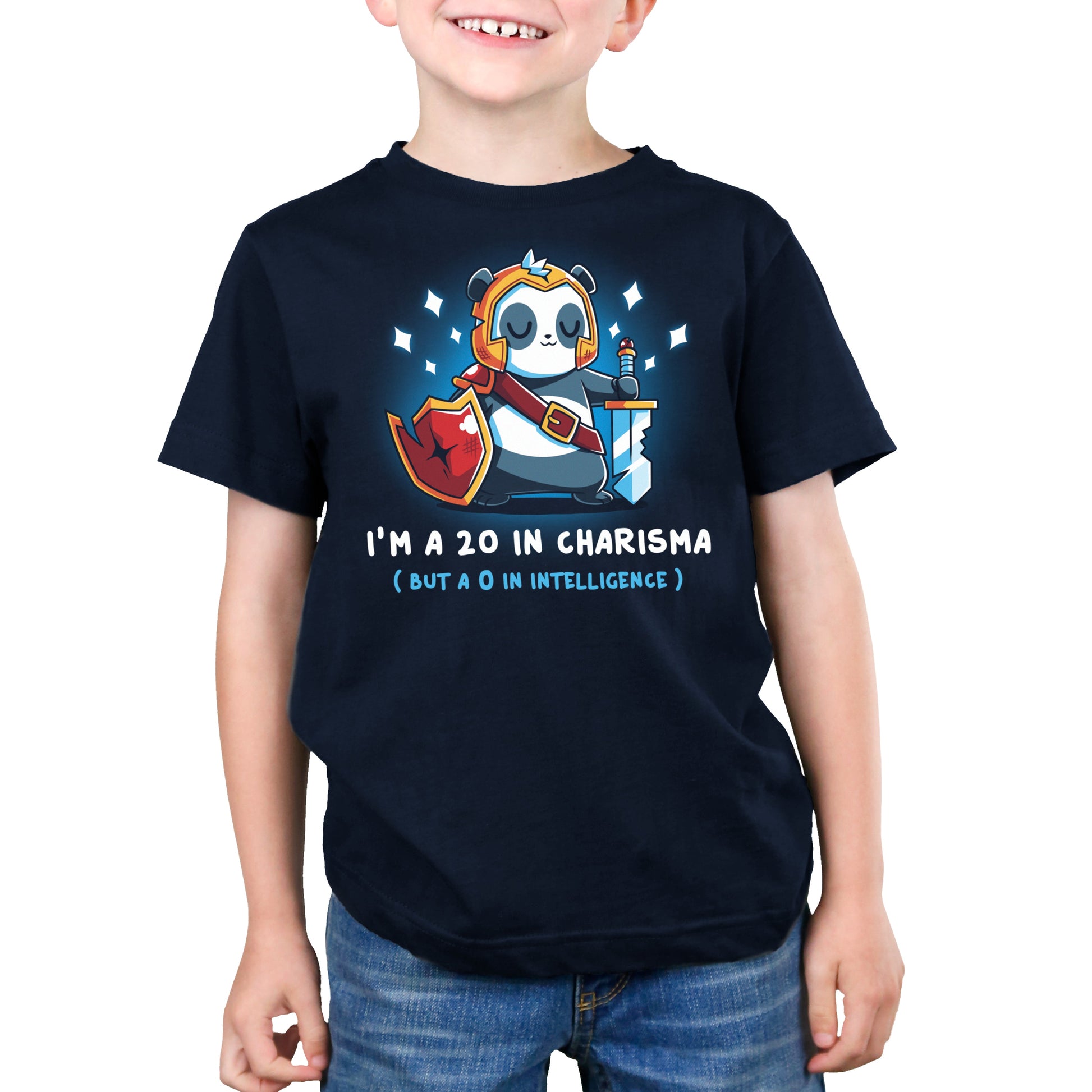 Premium Cotton T-shirt_TeeTurtle I'm a 20 in Charisma navy blue t-shirt featuring a fantasy panda wearing armor and holding a sword and shield with sparkles around them.