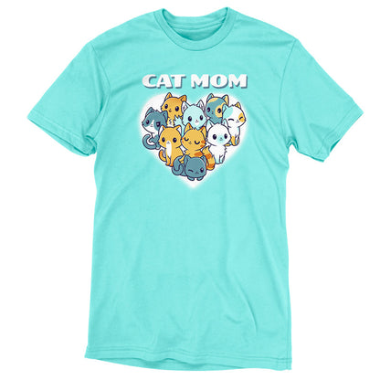 Premium Cotton T-shirt_TeeTurtle Cat Mom Caribbean Blue t-shirt featuring a bunch of different fur patterned cats in the shape of a heart.