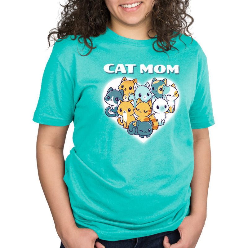 Premium Cotton T-shirt_TeeTurtle Cat Mom Caribbean Blue t-shirt featuring a bunch of different fur patterned cats in the shape of a heart.