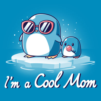 Premium Cotton T-shirt_TeeTurtle I'm a Cool Mom cobalt blue t-shirt featuring two penguins on ice, one wearing sunglasses.