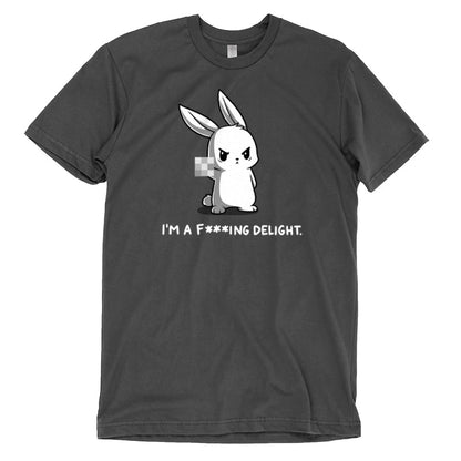 Premium Cotton T-shirt_Illustration of an angry cartoon rabbit holding up a pixelated middle finger with the caption, "I'M A F*ING DELIGHT," on a dark background. Printed on a charcoal gray apparel featuring super soft ringspun cotton, this unisex apparelby monsterdigital combines humor and comfort effortlessly. Product Name: I'm a F***ing Delight