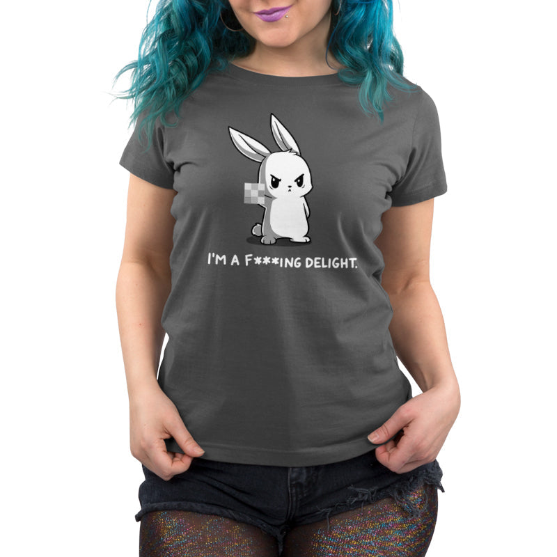 Premium Cotton T-shirt_Illustration of an angry cartoon rabbit holding up a pixelated middle finger with the caption, "I'M A F*ING DELIGHT," on a dark background. Printed on a charcoal gray apparel featuring super soft ringspun cotton, this unisex apparelby monsterdigital combines humor and comfort effortlessly. Product Name: I'm a F***ing Delight