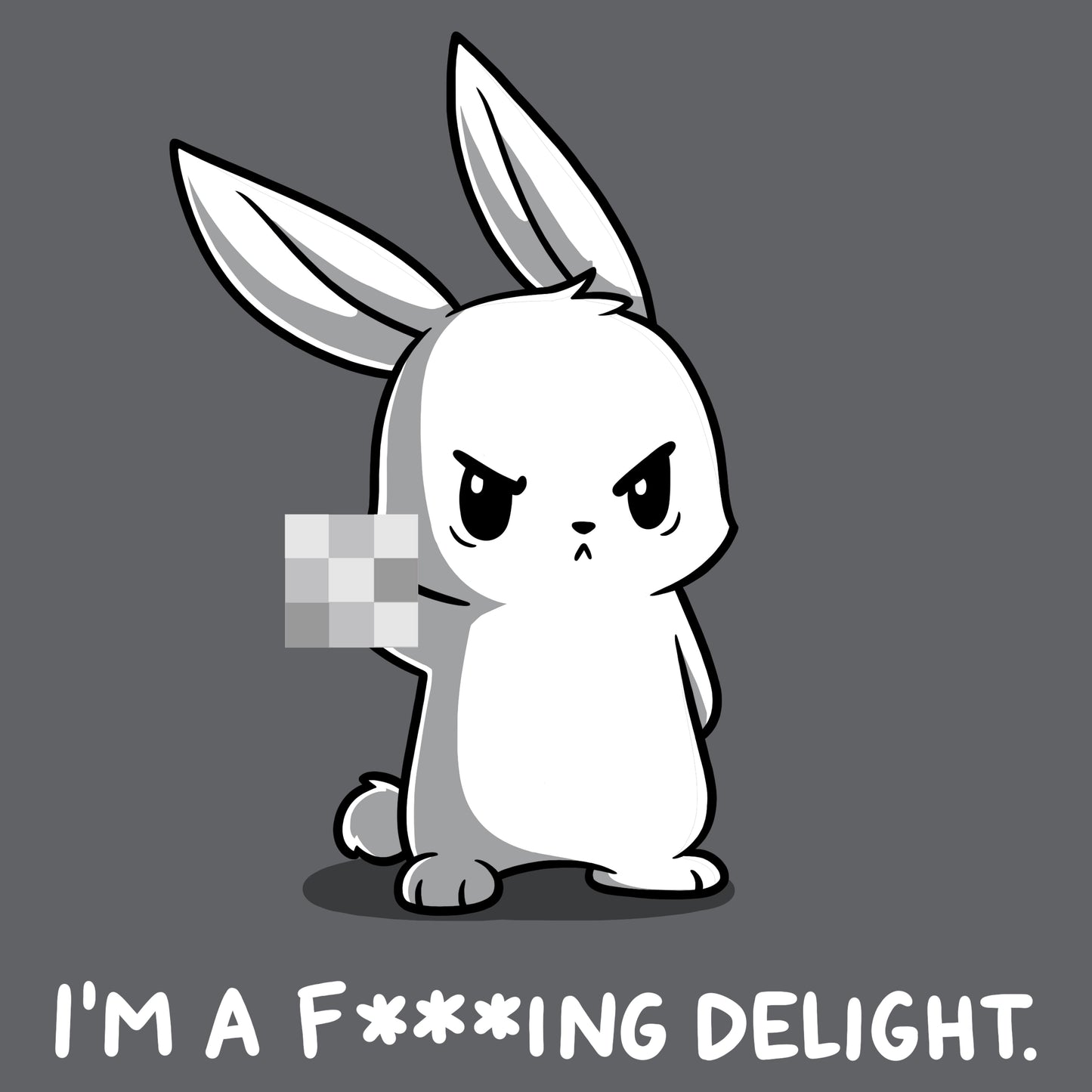 Premium Cotton T-shirt_Illustration of an angry cartoon rabbit holding up a pixelated middle finger with the caption, "I'M A F*ING DELIGHT," on a dark background. Printed on a charcoal gray apparel featuring super soft ringspun cotton, this unisex apparelby monsterdigital combines humor and comfort effortlessly. Product Name: I'm a F***ing Delight