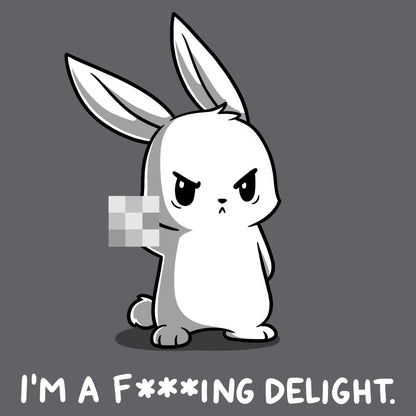 Premium Cotton T-shirt_Illustration of an angry cartoon rabbit holding up a pixelated middle finger with the caption, "I'M A F*ING DELIGHT," on a dark background. Printed on a charcoal gray apparel featuring super soft ringspun cotton, this unisex apparelby monsterdigital combines humor and comfort effortlessly. Product Name: I'm a F***ing Delight